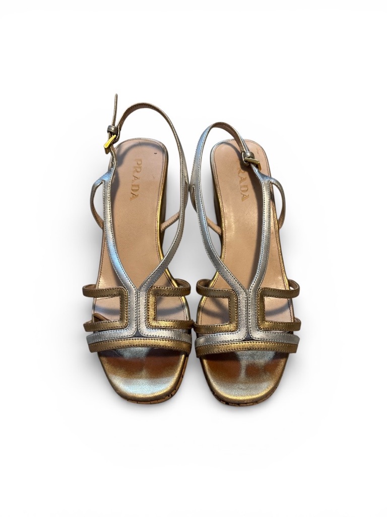 Prada Metallic Twotone GoldSilver Strappy Slingback Sandals